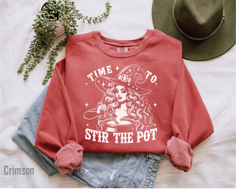 Halloween pun shirt with diva witch stirring a pot with the words time to stir the pot