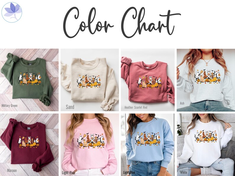 May include: Color chart featuring various colored sweatshirts. Each sweatshirt displays a Halloween-themed graphic with cartoon animals, pumpkins, and fall leaves. Colors include military green, sand, heather scarlet red, ash, maroon, light pink, light blue, and white.
