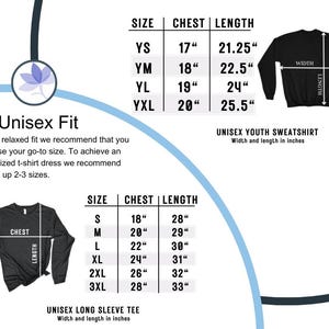 May include: Size chart for unisex youth and adult sweatshirts and long-sleeve t-shirts. The chart shows chest and length measurements in inches for different sizes.