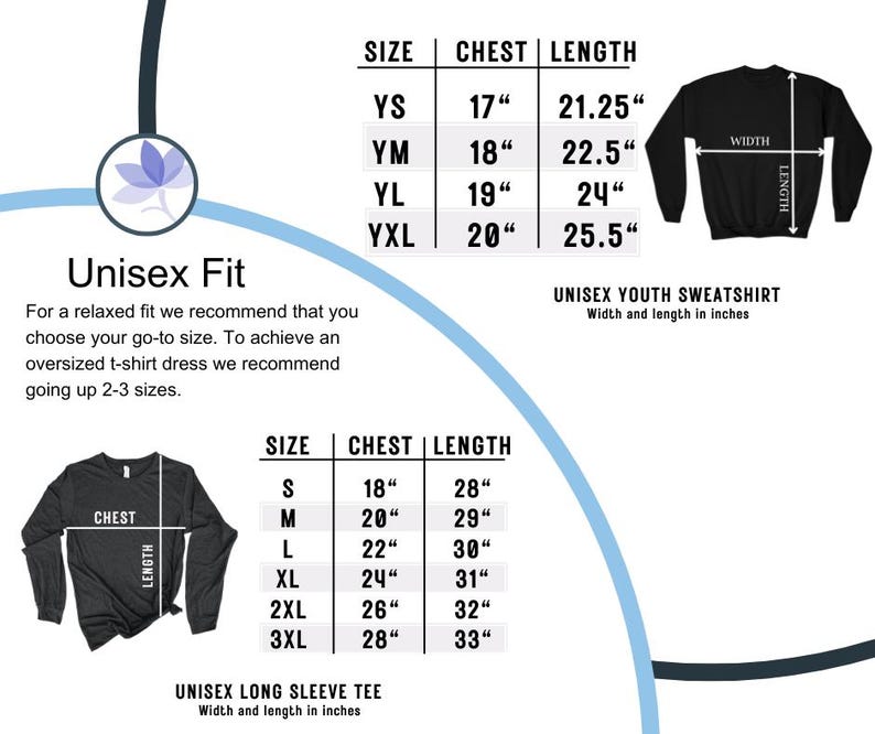 May include: Size chart for unisex youth and adult sweatshirts and long-sleeve t-shirts. The chart shows chest and length measurements in inches for different sizes.