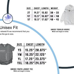 May include: Size chart for unisex toddler hoodies and youth jersey tees. The chart shows chest and length measurements in inches for different sizes, including 2T, 4T, 5T, YS, YM, YL, and YXL.