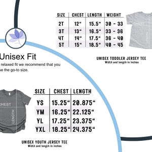 May include: Size chart for unisex toddler and youth jersey tees. The chart shows chest and length measurements in inches for sizes 2T, 3T, 4T, 5T, YS, YM, YL, and YXL.