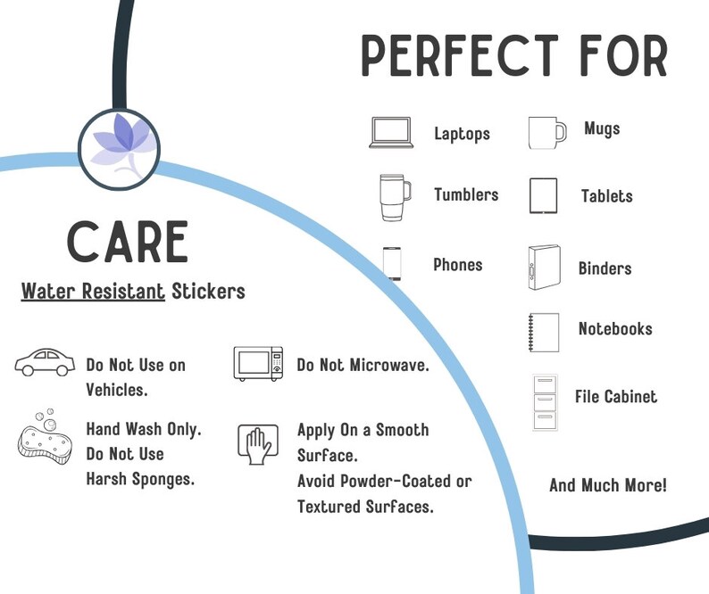 May include: A graphic illustration of a care guide for water resistant stickers. The guide includes instructions for applying, cleaning, and using the stickers. The guide also lists a variety of items that the stickers are suitable for, including laptops, mugs, tumblers, tablets, phones, binders, notebooks, file cabinets, and more.