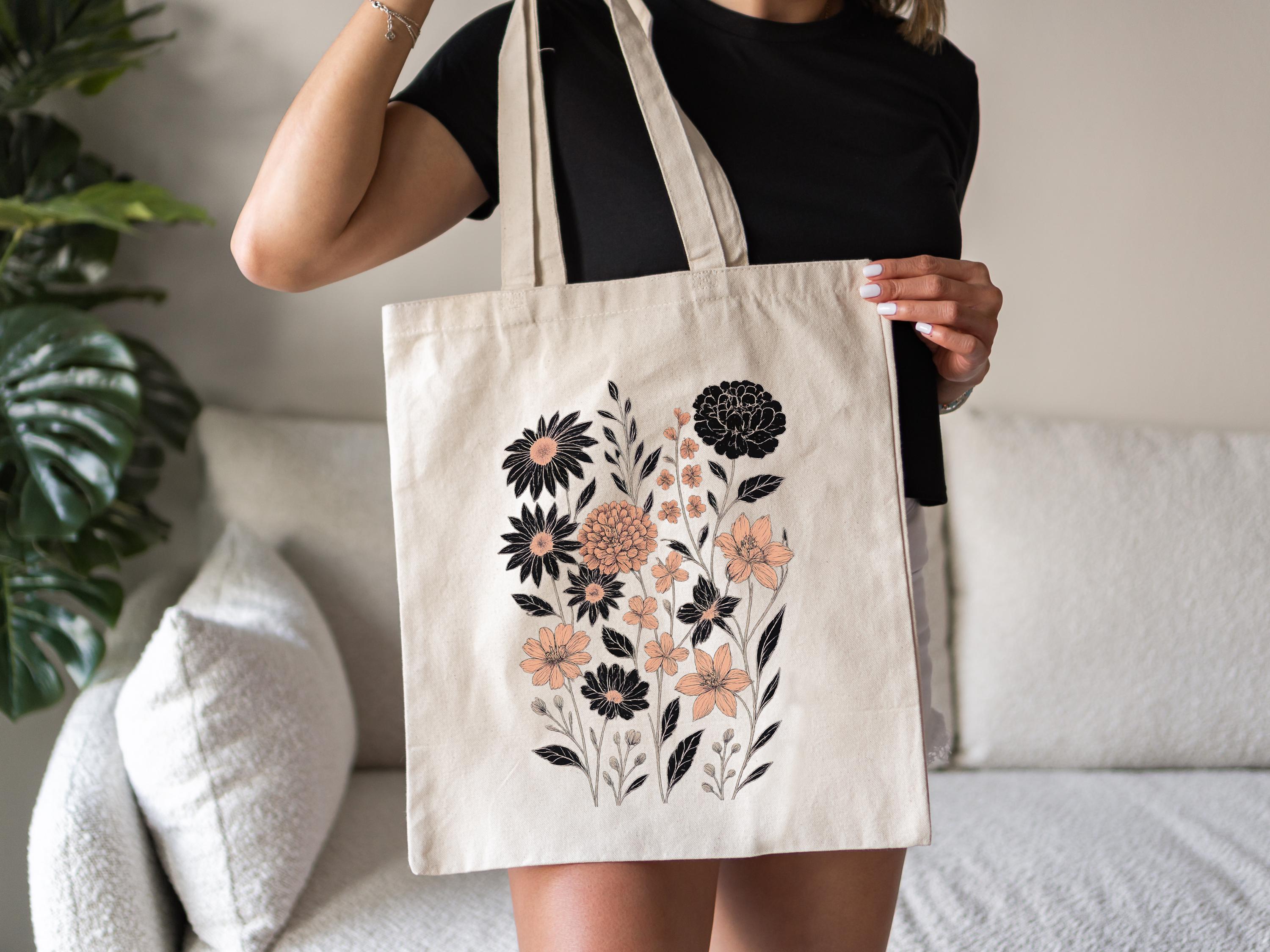 Vintage Pressed Flowers Tote Bag Botanical Floral Canvas Tote Bag
