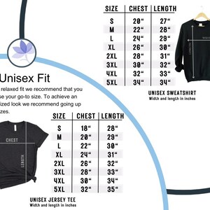 May include: Size chart for unisex t-shirts and sweatshirts. The chart shows chest and length measurements in inches for sizes S through 5XL.  Unisex Jersey Tee and Unisex Sweatshirt are listed below the charts.