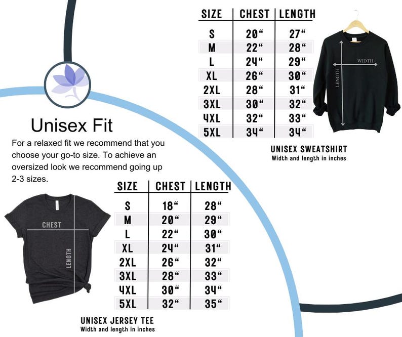 May include: Size chart for unisex t-shirts and sweatshirts. The chart shows chest and length measurements in inches for sizes S through 5XL.  Unisex Jersey Tee and Unisex Sweatshirt are listed below the charts.