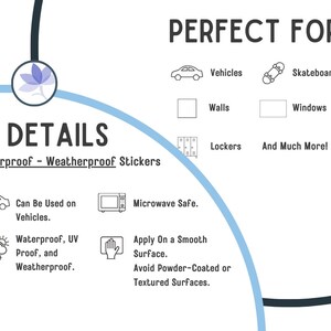 May include: Waterproof and weatherproof stickers, perfect for vehicles, skateboards, walls, windows, lockers, and more. The stickers are microwave safe and can be applied to smooth surfaces. Avoid applying to powder-coated or textured surfaces.