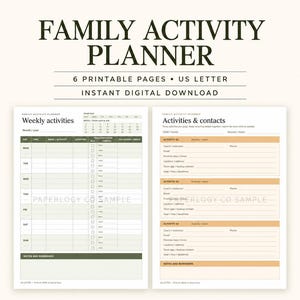 Puede incluir: Un planificador de actividades familiares digital con seis páginas imprimibles en tamaño US Letter. El documento incluye un horario de actividades semanal con columnas para hora, nombre, ubicación y transporte, además de una página de contactos.