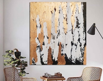 Black, White and Copper Abstract Painting Minimalist Art, Modern Large Wall Art Decor, Original Textured Painting on Canvas, Copper Leaf Art