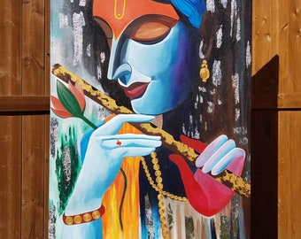 Krishna painting Indian art Indian painting India decor Asian art Large decor India wall art Painting on canvas Modern India Hindu God