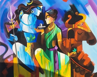 Devine Couple Shiva Shakti, shiva parvati acrylic painting, Hindu god art, Indian wall art, Indian painting, Original modern Indian paintin