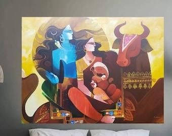 shiva Parivaa acrylic painting, Hindu god art, Shiva Parwati ganesha Indian wall art, Indian painting, Original modern Indian paintinH