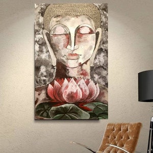 May include: A painting of a serene Buddha with a pink lotus flower in front of their chest. The background is a gray and white abstract design.