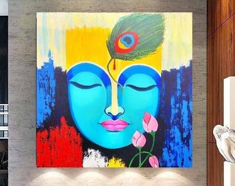 Krishna painting Indian art Indian painting India decor Asian art Large decor India wall art Painting on canvas Modern India Hindu God