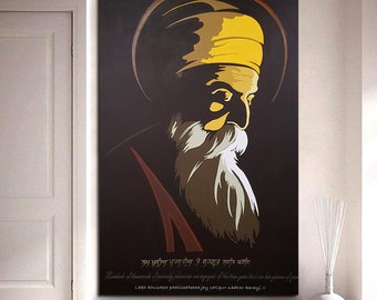 May include: A digital painting of a man with a long white beard and a yellow turban. The background is dark brown. The text in the image reads: "My father, my guru, my guide, my light".