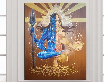 メタリックアルダナリシュワラ、シヴァパールヴァティアクリル画、ヒンドゥー教の神の芸術、インドの壁画、インドの絵画、オリジナルの現代インドの絵画