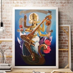 Saraswati Goddess Painting, Indian Spiritual, Original Painting, Hindu Goddess of learning, Saraswati Abstract Art, indian Art, Indian Decor