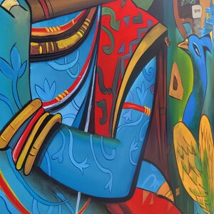 May include: A painting of a blue figure playing a flute, with a peacock in the background. The figure is wearing a red and gold patterned garment and has a blue and gold patterned sleeve. The peacock is blue and green with yellow feathers.