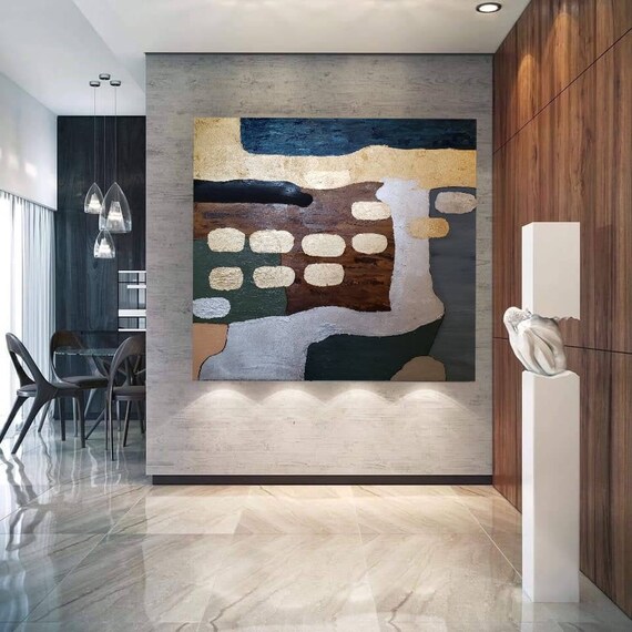 幾何学的な抽象的なオリジナルのアクリル画、金箔と銀箔の軽い