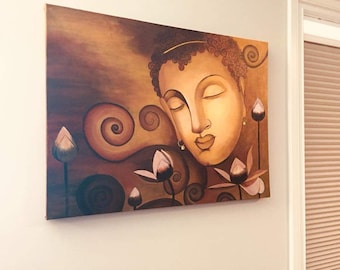 May include: A painting of a serene Buddha with closed eyes, surrounded by stylized lotus flowers and swirling patterns in shades of brown, gold, and pink.