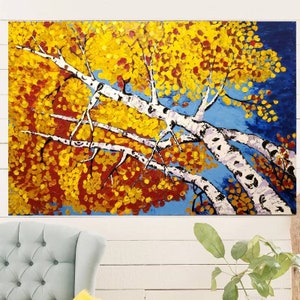 Entwined-  Birch tree painting, Birch tree art, Birch tree textured painting, Fall scene painting, landscape