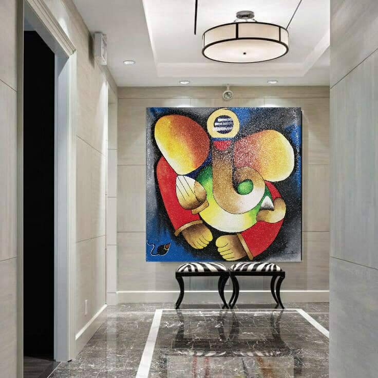 ガネーシャのオリジナルアクリルテクスチャ絵画、インドの壁装飾