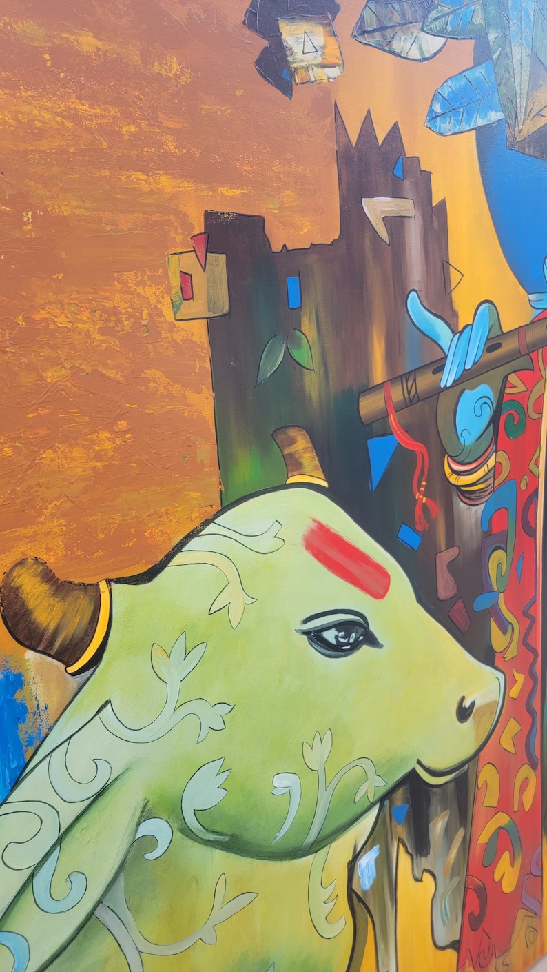 May include: A green cow with intricate floral patterns, a red mark on its forehead, and a black eye, is depicted in a colorful painting. The cow is standing next to a brown structure with a blue flute and a red and gold patterned fabric.