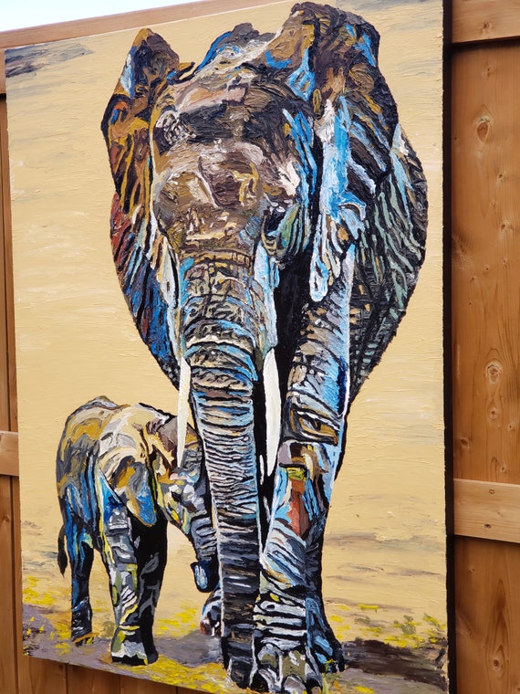 Finger Malerei Extra Grosse Wand Kunst Mutter Und Baby Elefant Etsy