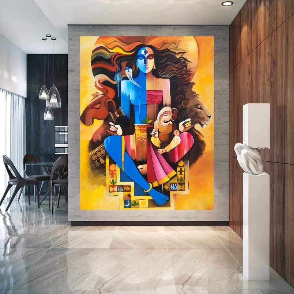 shiva Parivaa acrylic painting, Hindu god art, Ardhnarishwara with ganesha Indian wall art, Indian painting, Original modern Indian paintin