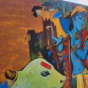 May include: A colorful painting depicting a blue figure playing a flute, with a green cow in the foreground. The background features a yellow and brown abstract design.