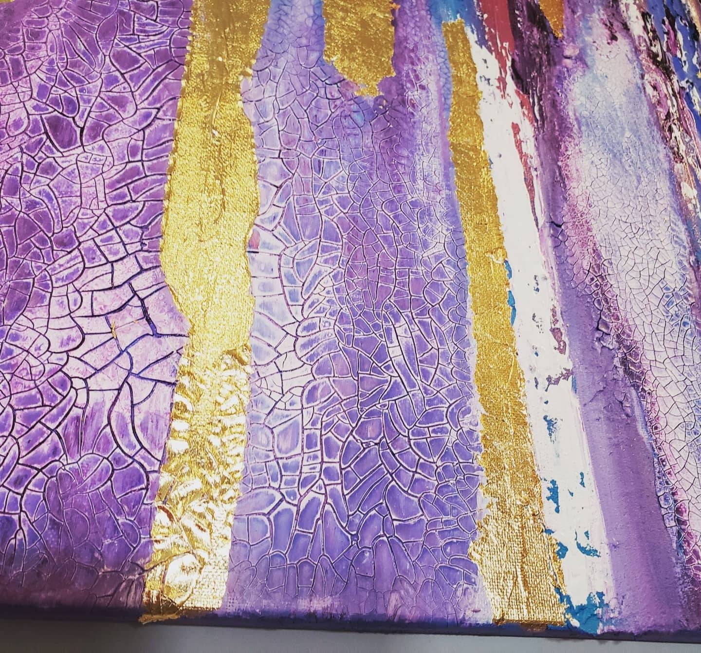 Spring Thaw, Textured Blue Purple White Gold Leaf Abstract