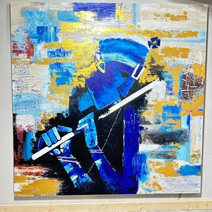 May include: Abstract painting of a person playing a flute. The painting is done in shades of blue, gold, and white. The person is depicted in a stylised way, with a large head and long, thin limbs. The flute is white and is held in the person's right hand.