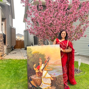Hand painted Maa Saraswati oil painting, copy of Raja Ravi Varma, hand painted, oil painting Indian Art Goddess Saraswati