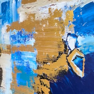 May include: Abstract painting with blue, gold, and white paint strokes. The painting has a textured surface and a modern style.