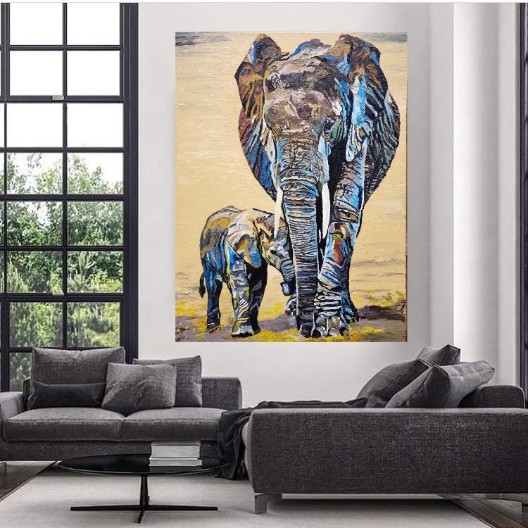 Finger Malerei Extra Grosse Wand Kunst Mutter Und Baby Elefant Etsy