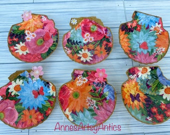 Seashell Scallop Dish-Ring Dish-Scallop Tray-Flower ScallopShell Trinket Dish-Flower Jewelry Dish-Ring Dish-Bright Flowers Ring Dish-Shell