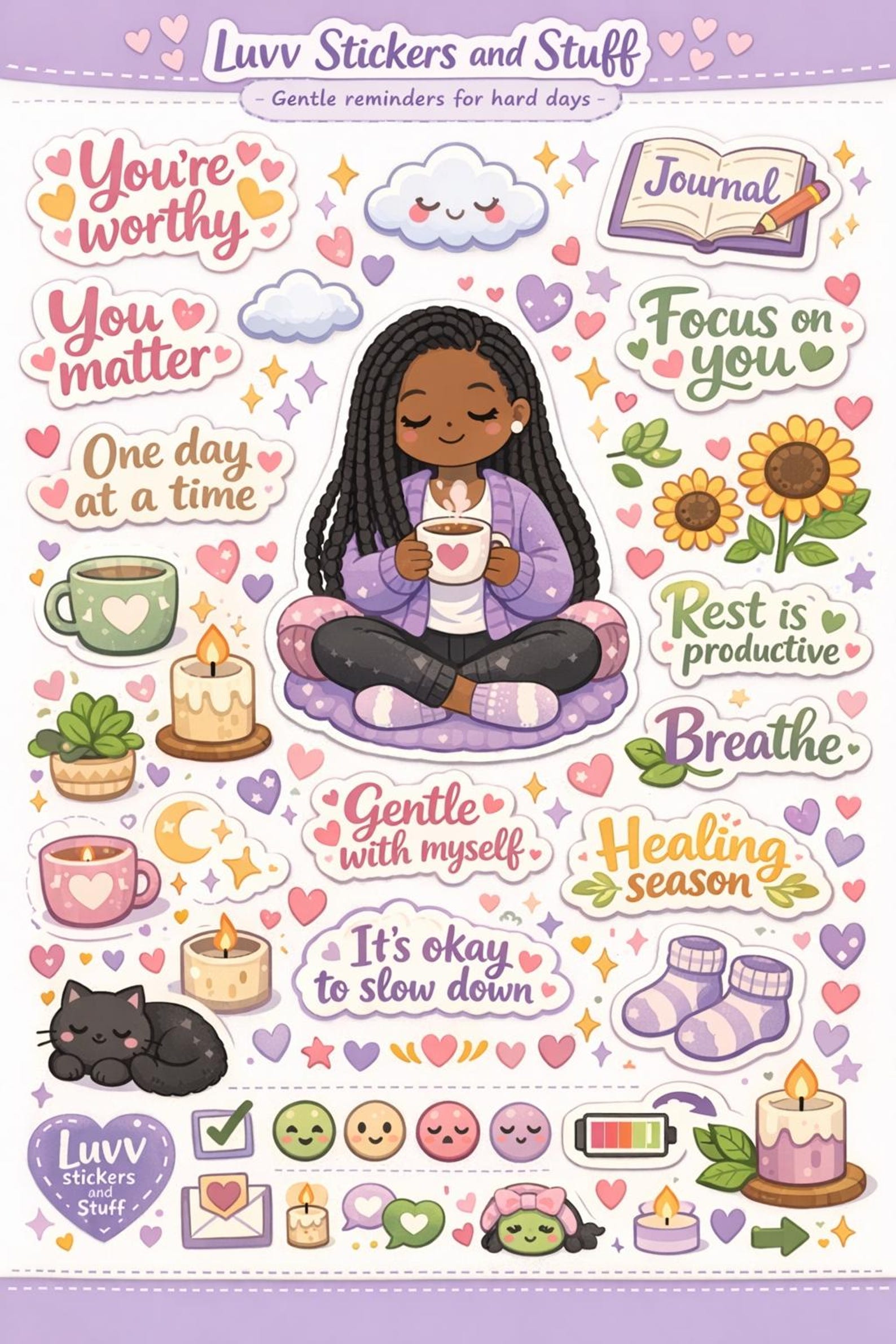 Kawaii Mental Health Sticker Sheet | Black Girl Affirmations (digital ...