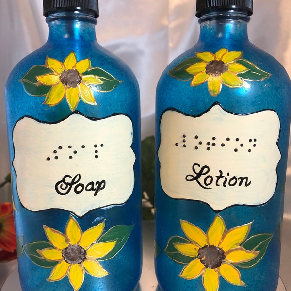 Braille Products,for kitchen and bath, Hand-Painted set, (2) Raised dot Braille, Soap and Lotion glass dispensers,Sunflowers and Sky