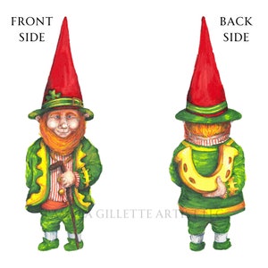 May include: A cartoon illustration of a leprechaun wearing a green suit, red hat, and holding a walking stick. The leprechaun is shown from the front and back, with a horseshoe behind his back in the back view.