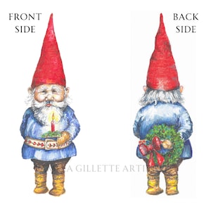 May include: A gnome with a red hat and white beard holds a lit candle in one hand and a small evergreen wreath in the other. The gnome is wearing a blue shirt with a red and white belt and brown pants. The gnome is standing on a white background. The back side of the gnome shows the gnome holding a larger evergreen wreath with a red bow.