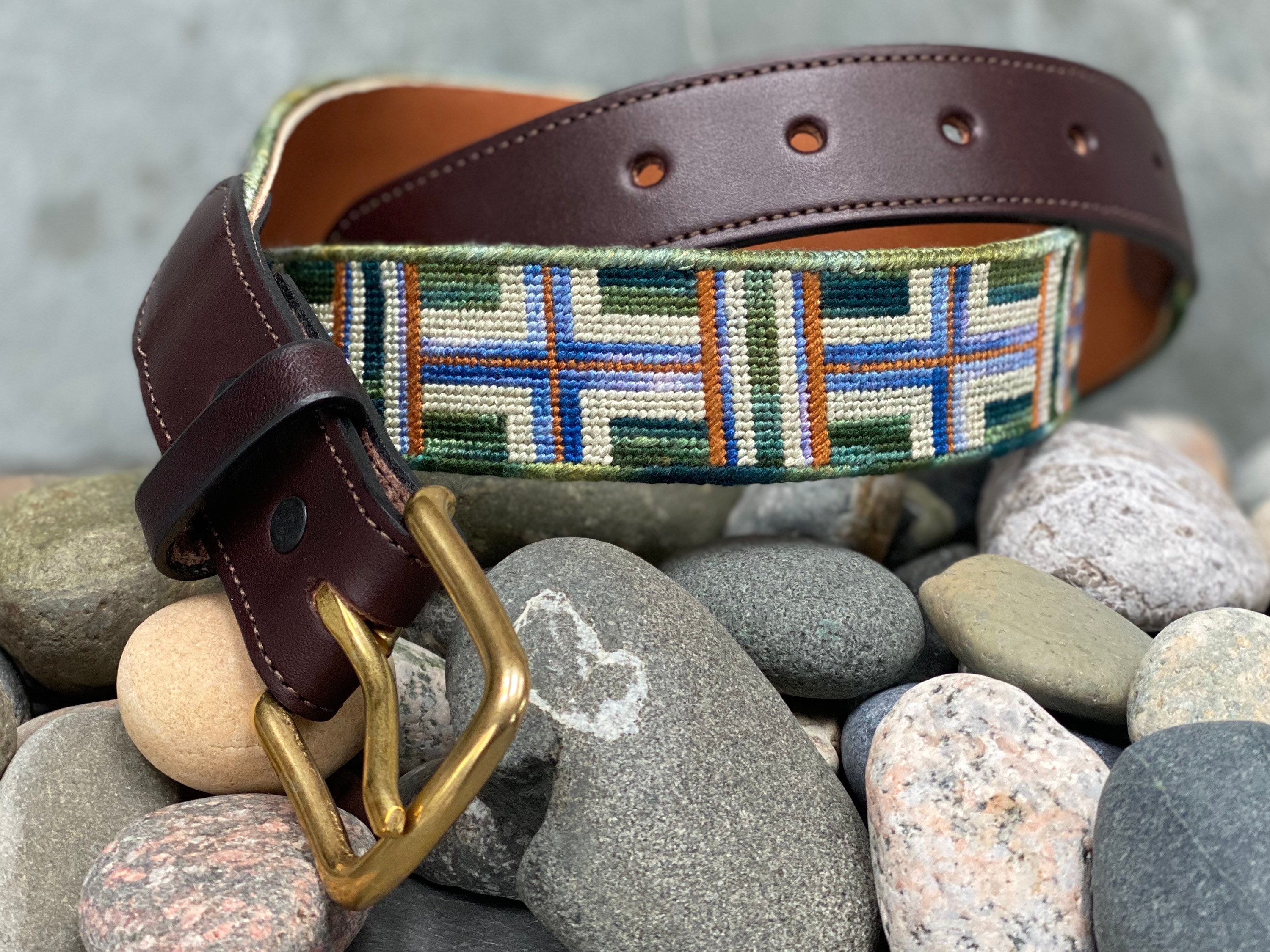 Geometric Needlepoint Belt backed in leather size 38 Etsy