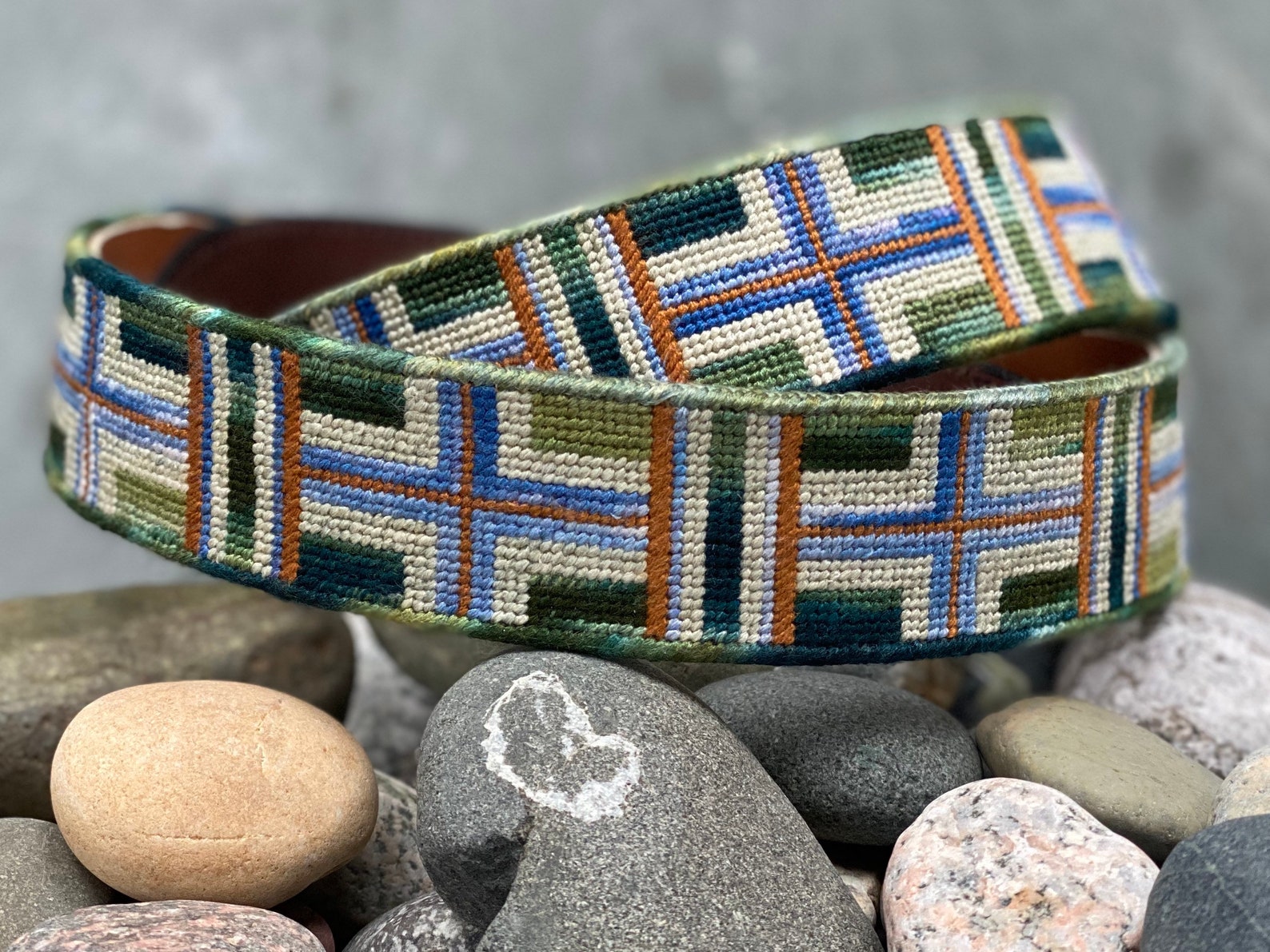 Geometric Needlepoint Belt backed in leather size 38 Etsy