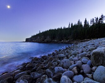 Coast of Acadia - Acadia National Park -  Maine, USA - Landscape Fine Art Print - Coastline, Night, Water, Rocky Shore, Blue Shades