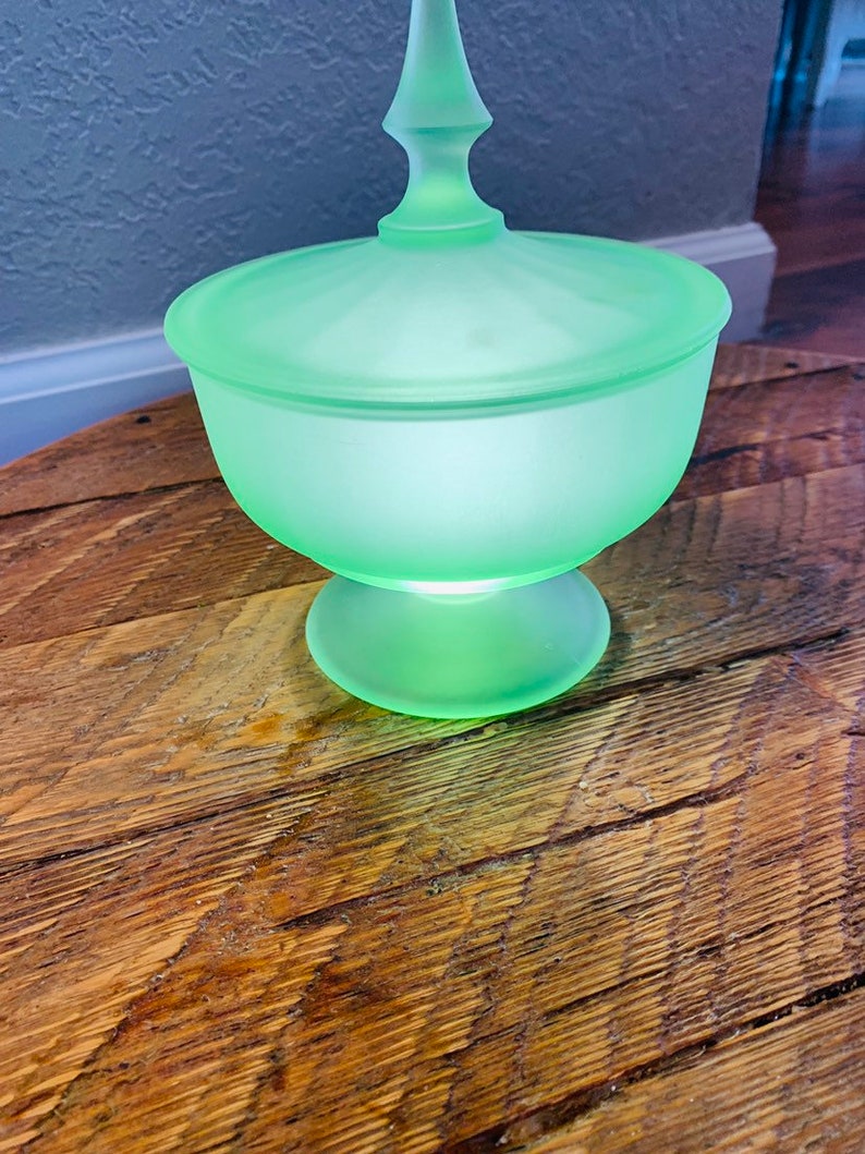 Vintage green frosted depression glass candy dish with lid Etsy