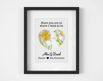 2 Location Puzzle Piece Heart Map Art Print On Paper Personalized Long Distance Boyfriend Gift For Couple Gift Anniversary Gift For Him