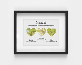Custom Christmas Gifts For Grandpa Gift From Kids 3 Heart Map Print on Paper Gift For Grandfather Gift From Family Papa Gift Wall Decor