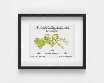 Personalized Christmas Gifts for Mom From Daughter 3 Heart Map Print on Paper With Kids Locations Holiday Decor Custom Gift For Mother Gift