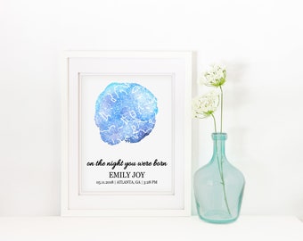 New Baby Gift On The Night You Were Born Watercolor Night Sky Personalized Baby Gift For New Baby Print Nursery Decor Baby's First Birthday