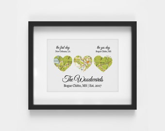 3 Heart Map Wedding Gift Paper Anniversary Map Art Personalized Map Print