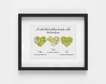 Christmas Gifts For Mom Gift From Daughter Personalized Gifts 3 Heart Map Print on Paper Anniversary Gift